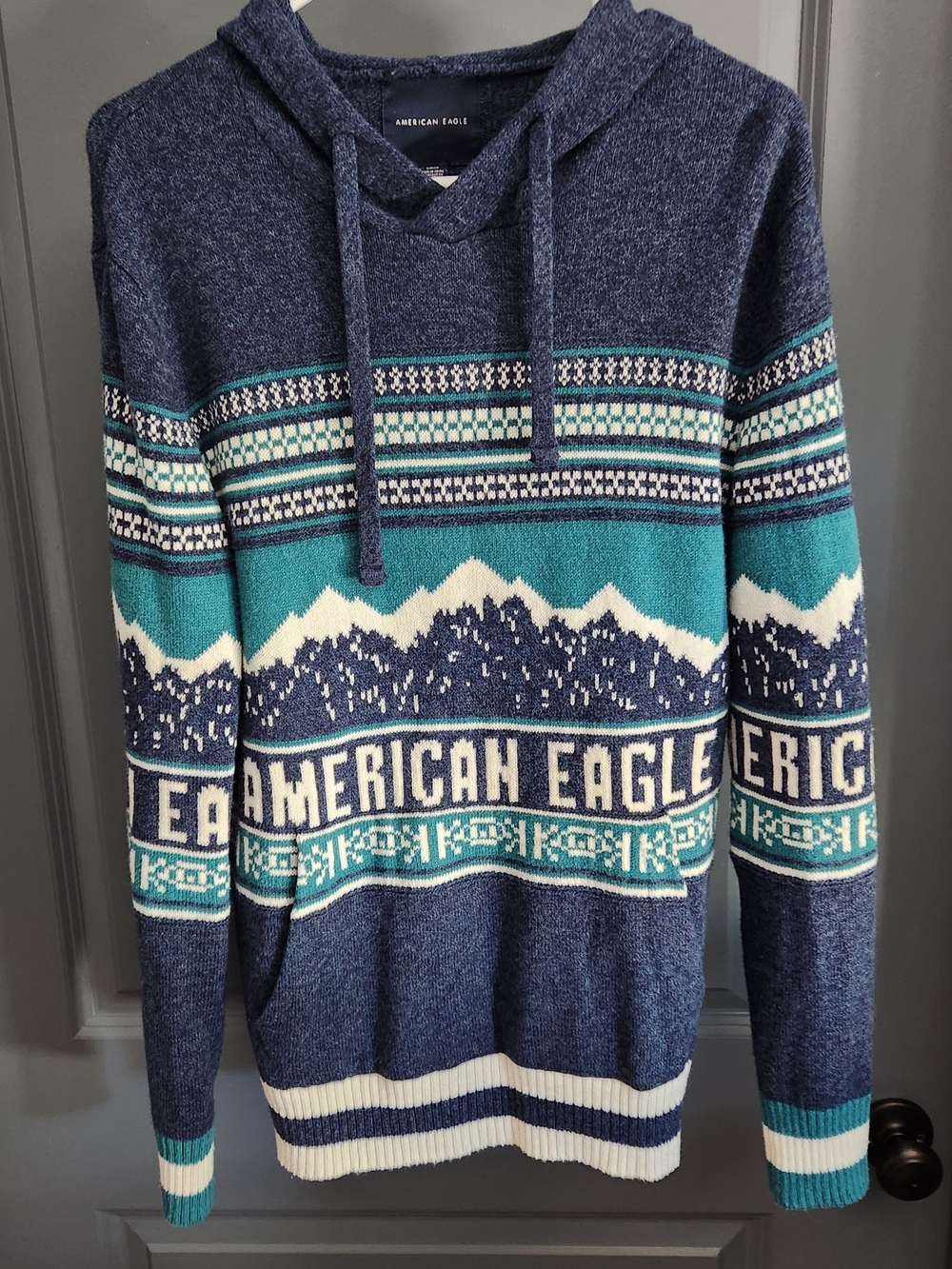 American Eagle Outfitters Navy & Teal Mountain-Pattern Crewneck Hoodie